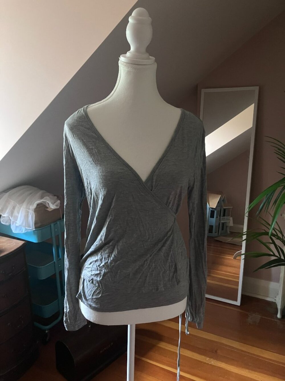 Heather grey light long sleeve wrap top or cover up